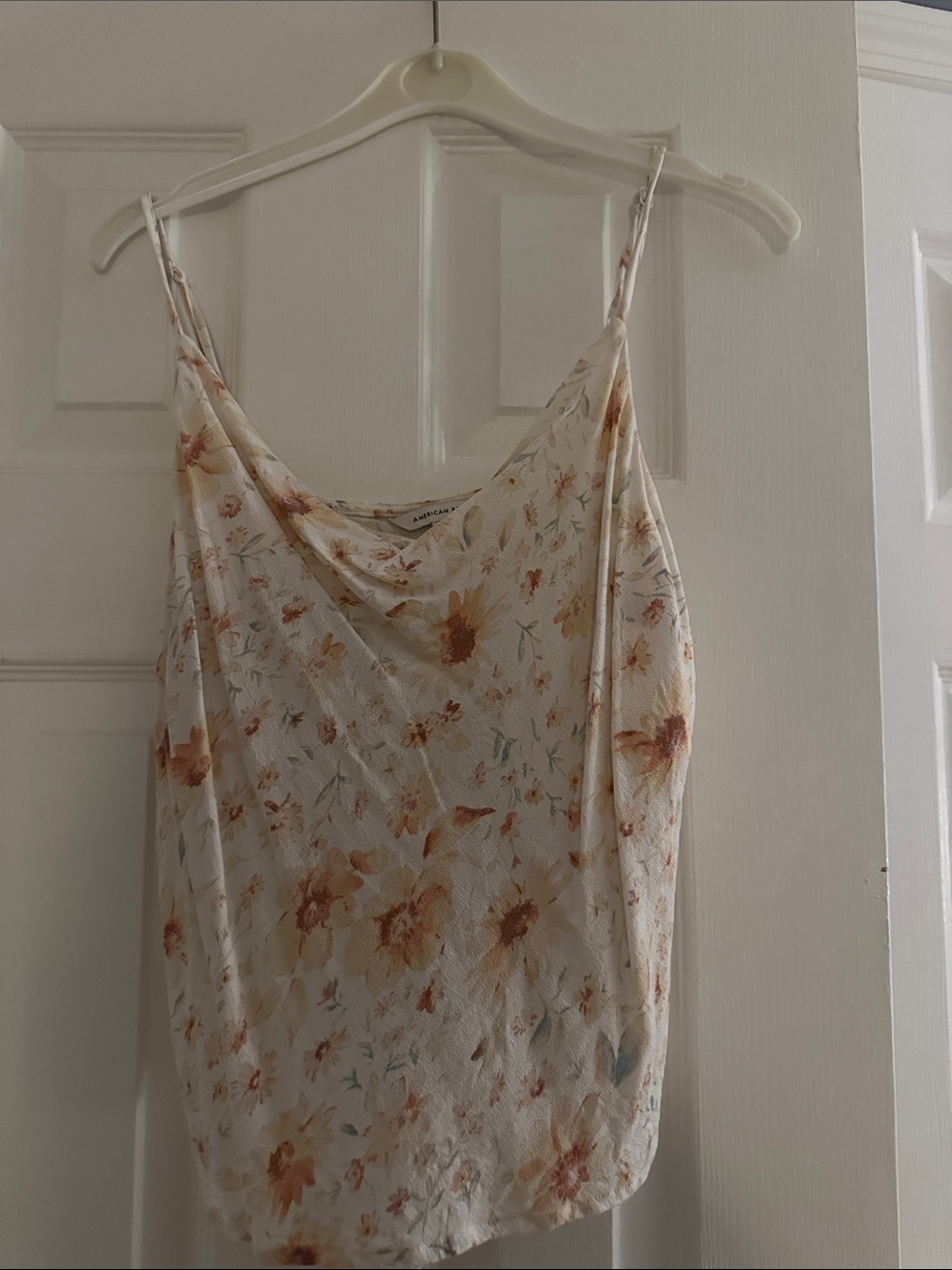 American Eagle Outfitters Cream Floral Cowl Neck Tank Top